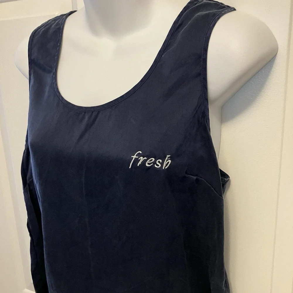 Lunya Sz Medium 100% Silk Navy Blue Pajama Shirt Tank Top Tulip Back Good In Bed